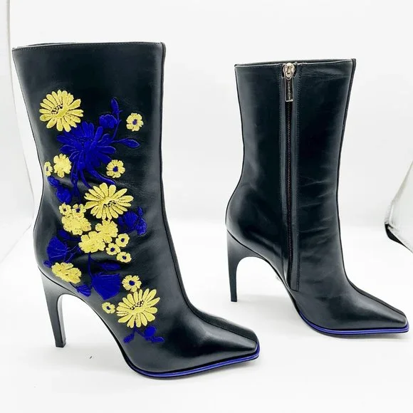 Versace Black Leather Floral Embroidery Boots/Booties - Picture 2 of 4